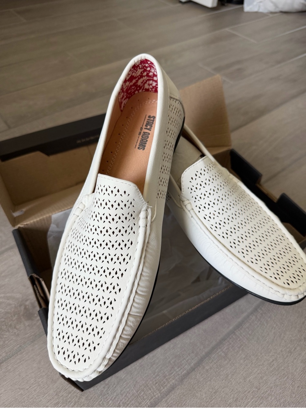 Stacy Adams White Perforated Slip-On Loafers with Floral Lining -12 M